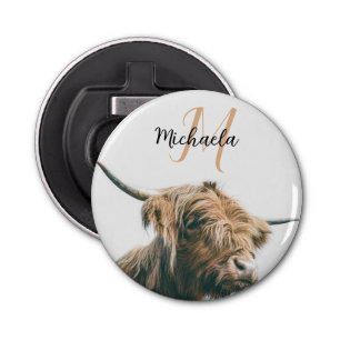 Highland cow portrait custom name initial monogram bottle opener