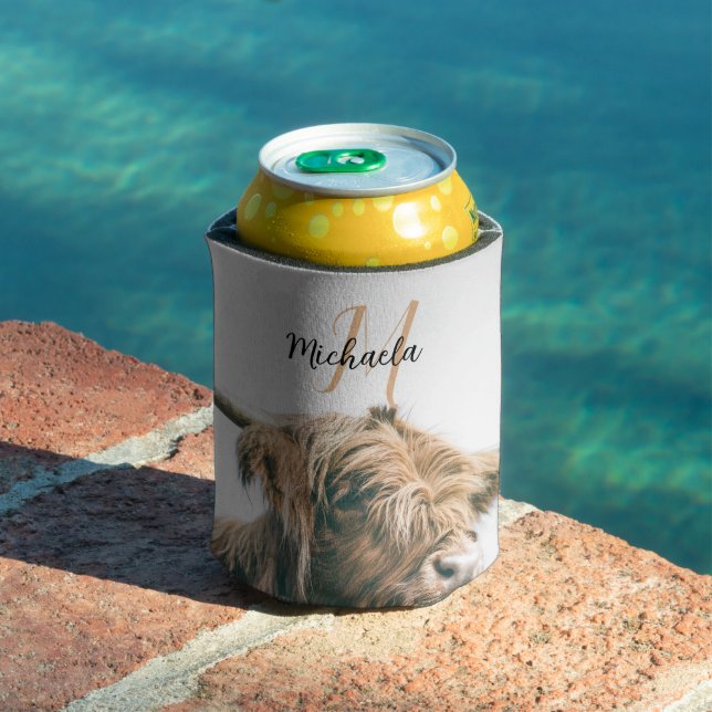 Highland cow portrait custom name initial monogram can cooler (In Situ Pool)