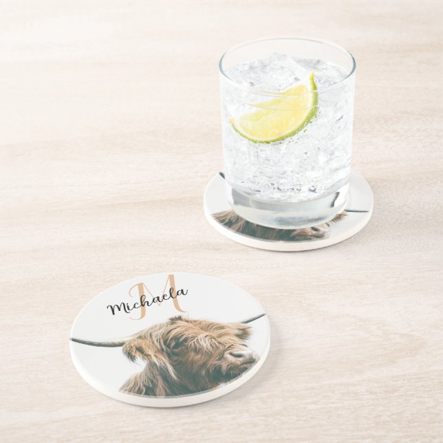 Highland cow portrait custom name initial monogram coaster (Side)