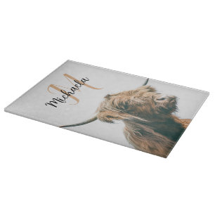 Highland cow portrait custom name initial monogram cutting board
