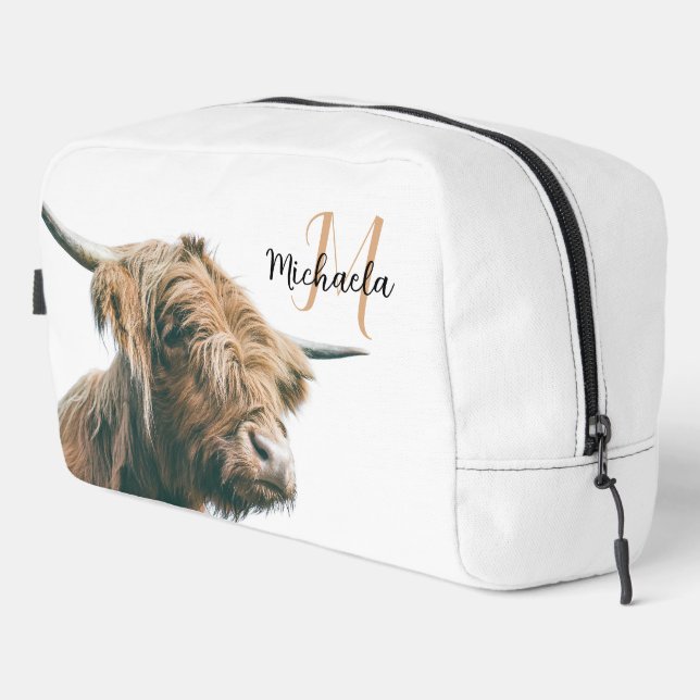 Highland cow portrait custom name initial monogram dopp kit (Right Corner)