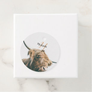 Highland cow portrait custom name initial monogram favour tags