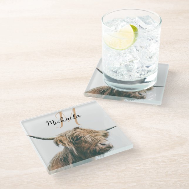 Highland cow portrait custom name initial monogram glass coaster (Angled)