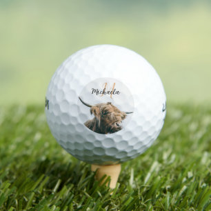 Highland cow portrait custom name initial monogram golf balls