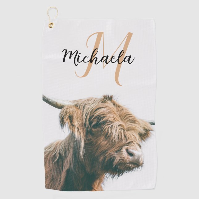 Highland cow portrait custom name initial monogram golf towel (Front)