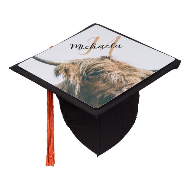 Highland cow portrait custom name initial monogram graduation cap topper (Angled)