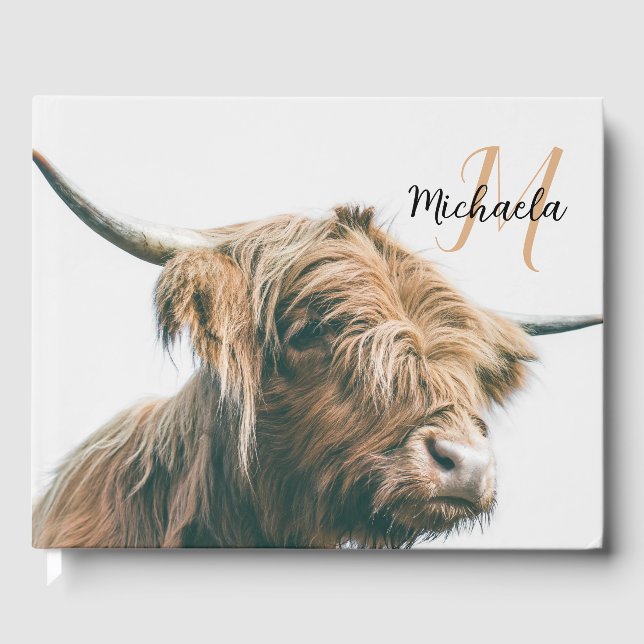 Highland cow portrait custom name initial monogram guest book (Front)