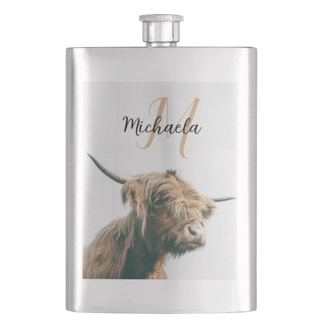 Highland cow portrait custom name initial monogram hip flask (Front)