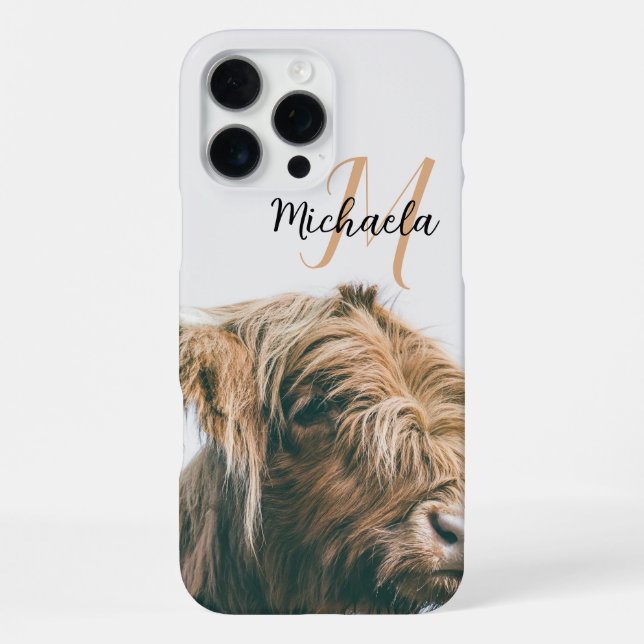 Highland cow portrait custom name initial monogram iPhone case (Back)