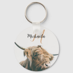 Highland cow portrait custom name initial monogram keychain