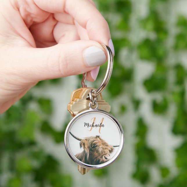 Highland cow portrait custom name initial monogram keychain (Hand)