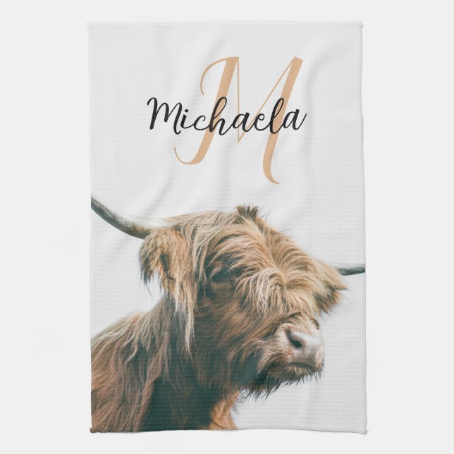 Highland cow portrait custom name initial monogram kitchen towel (Vertical)