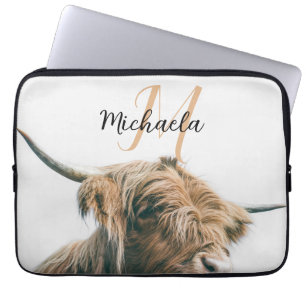 Highland cow portrait custom name initial monogram laptop sleeve