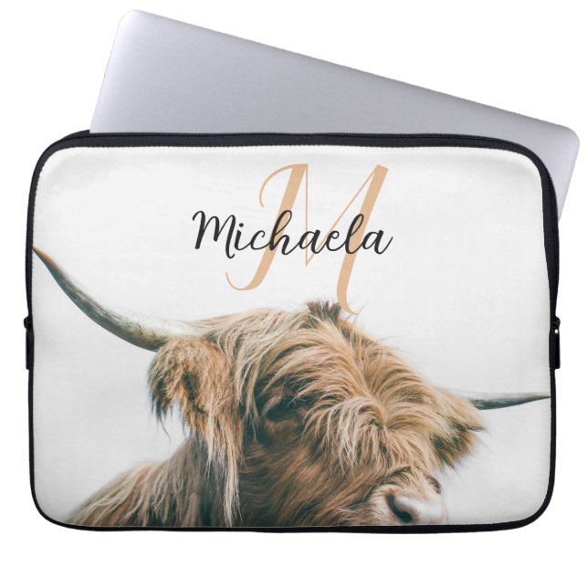 Highland cow portrait custom name initial monogram laptop sleeve (Front)
