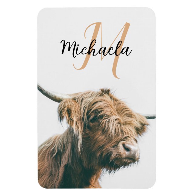 Highland cow portrait custom name initial monogram magnet (Vertical)