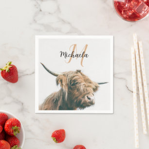 Highland cow portrait custom name initial monogram napkin
