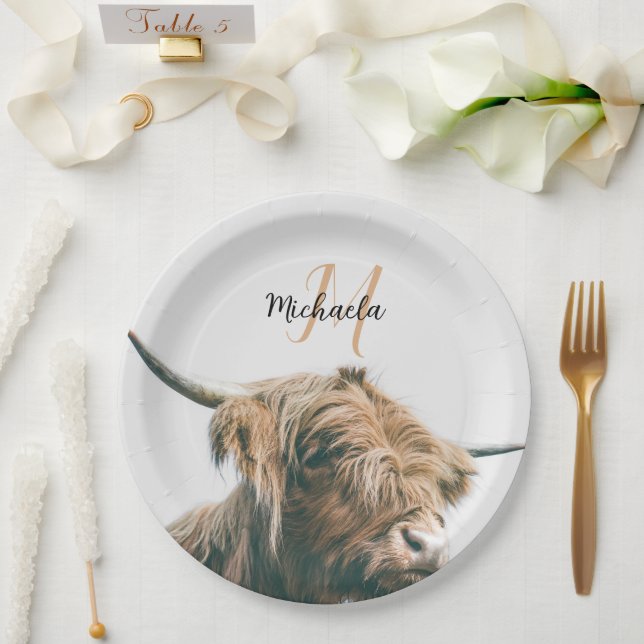 Highland cow portrait custom name initial monogram paper plate (Wedding)