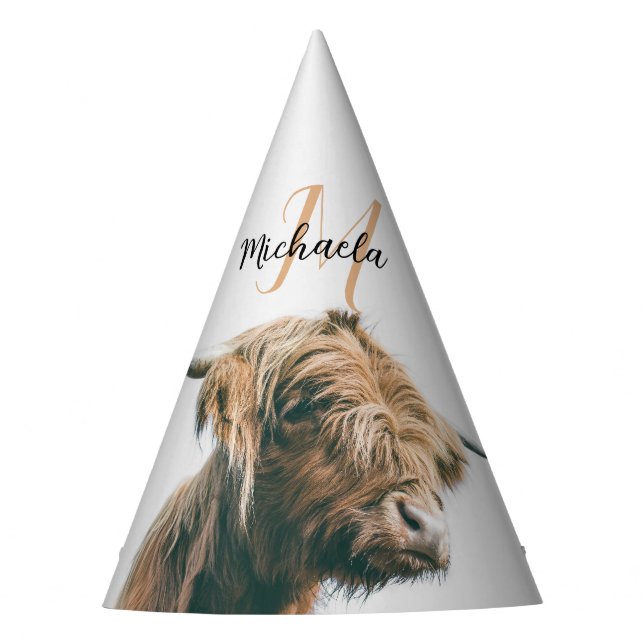 Highland cow portrait custom name initial monogram party hat (Front)