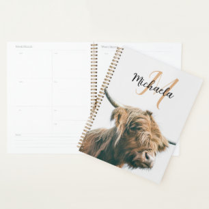 Highland cow portrait custom name initial monogram planner
