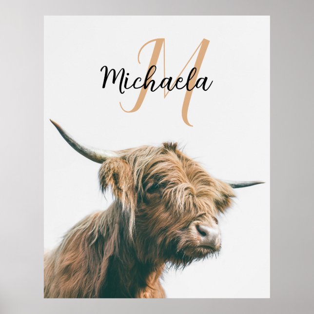 Highland cow portrait custom name initial monogram poster (Front)
