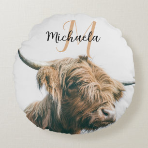 Highland cow portrait custom name initial monogram round pillow