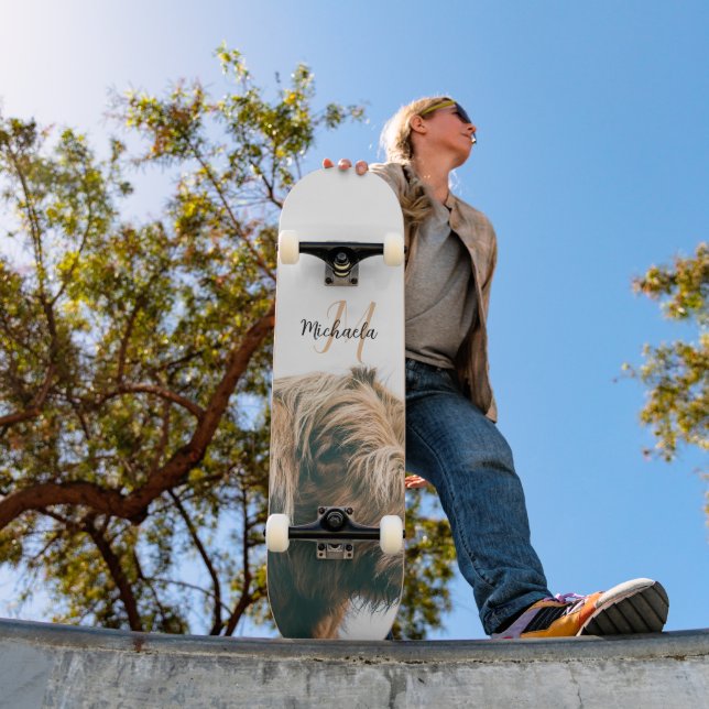 Highland cow portrait custom name initial monogram skateboard (Outdoor 1)