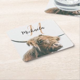 Highland cow portrait custom name initial monogram square paper coaster