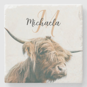 Highland cow portrait custom name initial monogram stone coaster