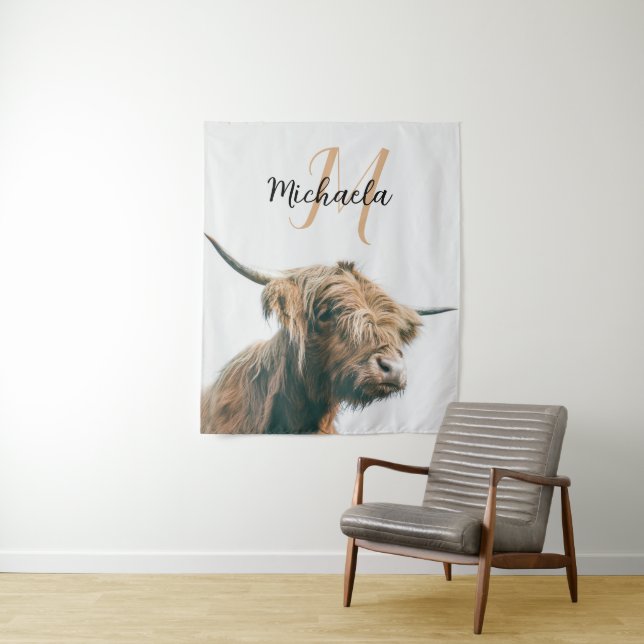 Highland cow portrait custom name initial monogram tapestry (In Situ)