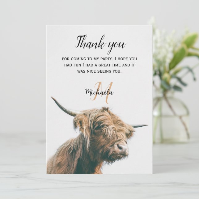 Highland cow portrait custom name initial monogram thank you card (Standing Front)