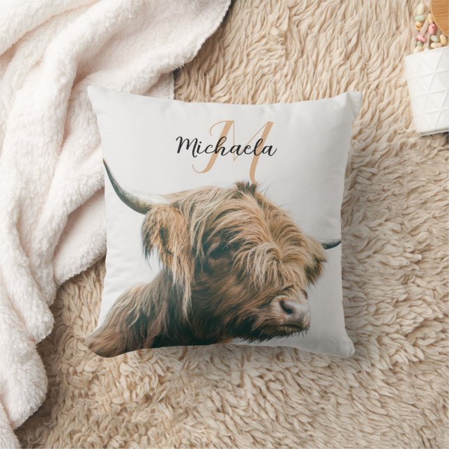 Highland cow portrait custom name initial monogram throw pillow (Blanket)