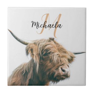 Highland cow portrait custom name initial monogram tile