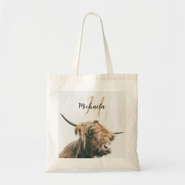 Highland cow portrait custom name initial monogram tote bag (Front)
