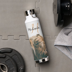 Highland cow portrait custom name initial monogram water bottle