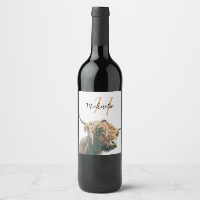 Highland cow portrait custom name initial monogram wine label (Front)
