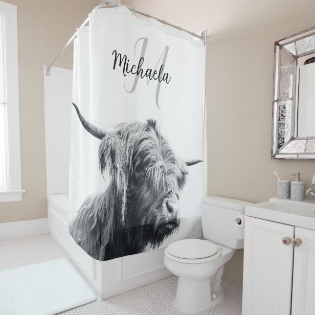 Highland cow portrait initial monogram black white (In Situ)