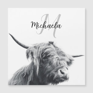 Highland cow portrait initial monogram black white