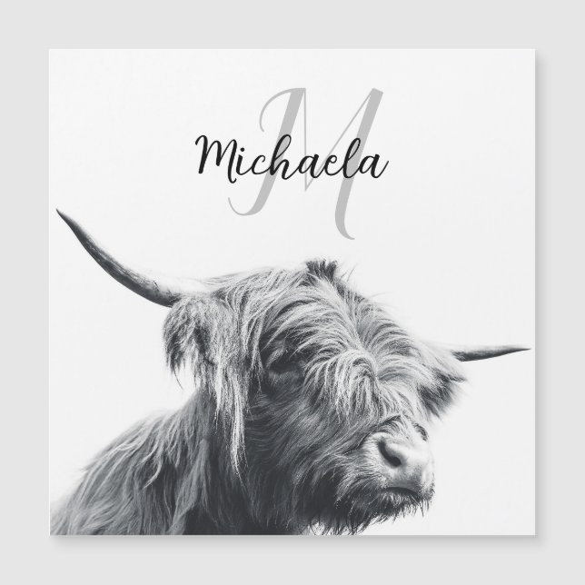 Highland cow portrait initial monogram black white (Front)