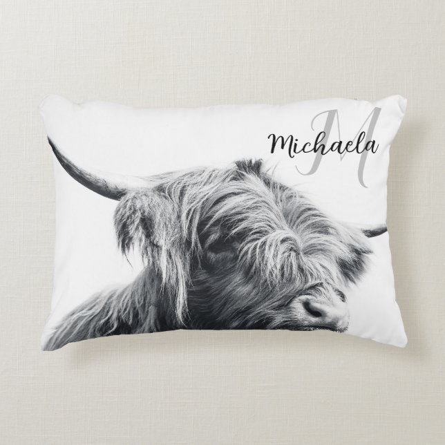 Highland cow portrait initial monogram black white accent pillow (Front)
