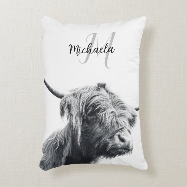 Highland cow portrait initial monogram black white accent pillow (Front(Vertical))