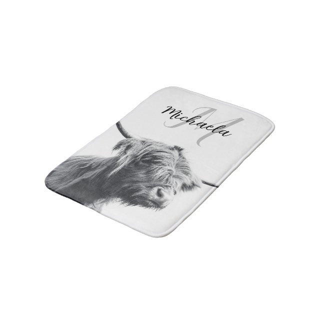 Highland cow portrait initial monogram black white bath mat (Angled)