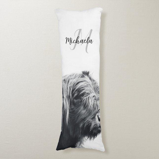 Highland cow portrait initial monogram black white body pillow (Front Vertical)