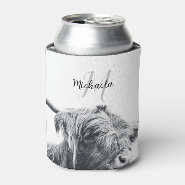 Highland cow portrait initial monogram black white can cooler (Can Front)