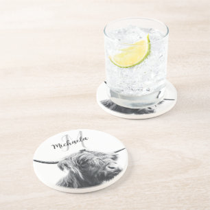 Highland cow portrait initial monogram black white coaster