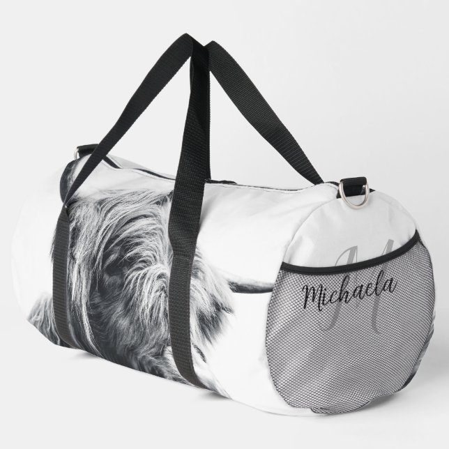 Highland cow portrait initial monogram black white duffle bag (Right Corner)