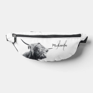 Highland cow portrait initial monogram black white fanny pack