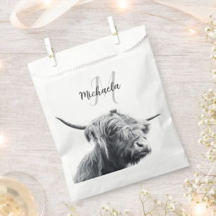 Highland cow portrait initial monogram black white favour bag