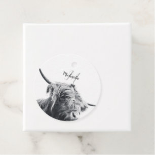 Highland cow portrait initial monogram black white favour tags