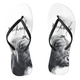 Highland cow portrait initial monogram black white flip flops