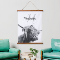 Highland cow portrait initial monogram black white